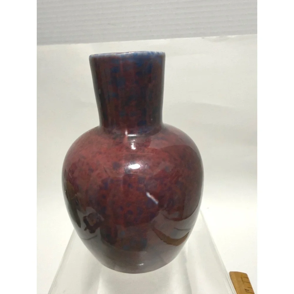 Vintage Studio Pottery Vase Oxblood Red Blue Mottled Glaze Bulbous Pottery MCM